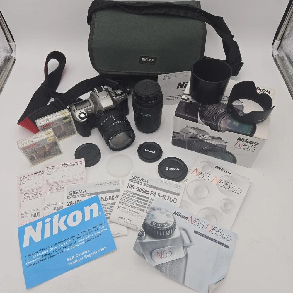 Nikon N65 35mm SLR Camera Kit 2‎ Sigma Zoom Lenses Filters Bag Box Manuals AS IS
